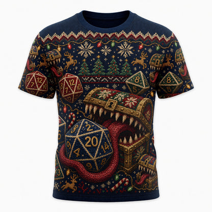 Mimic Christmas Dice AOP T-Shirt - Holiday RPG Knit Sweater
