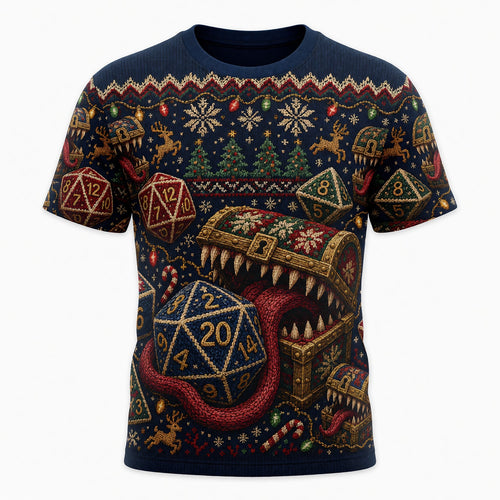 Mimic Christmas Dice AOP T-Shirt - Holiday RPG Knit Sweater