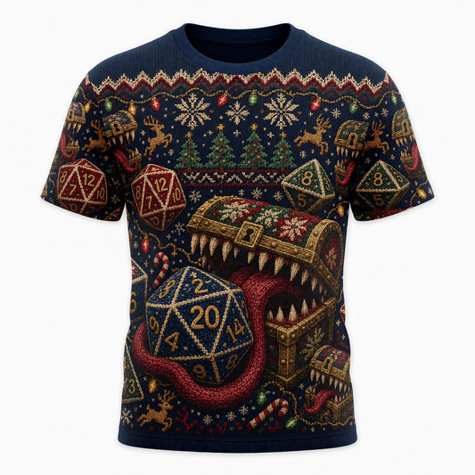 Mimic Christmas Dice AOP T-Shirt - Holiday RPG Knit Sweater