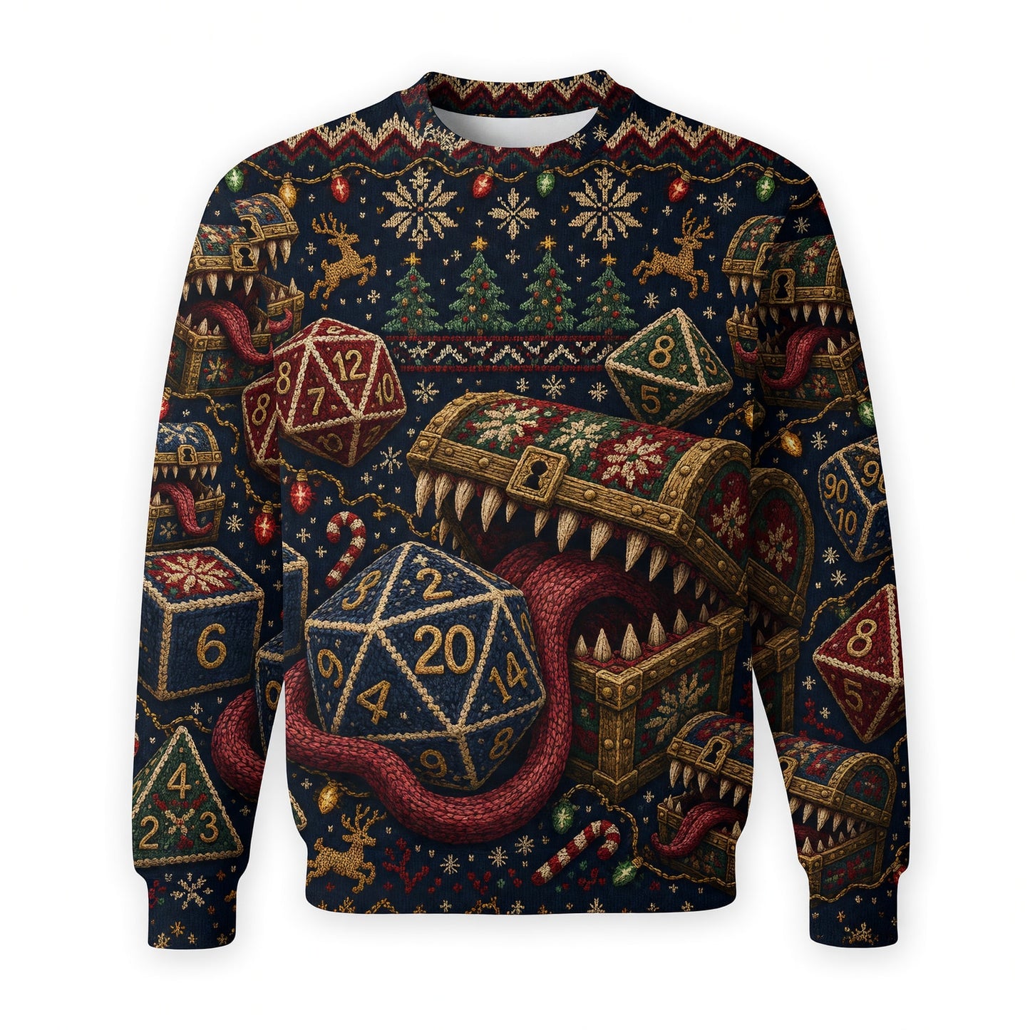 Mimic Christmas Dice AOP T-Shirt - Holiday RPG Knit Sweater