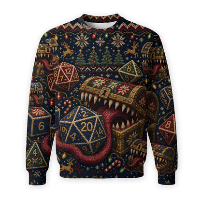 Mimic Christmas Dice AOP T-Shirt - Holiday RPG Knit Sweater