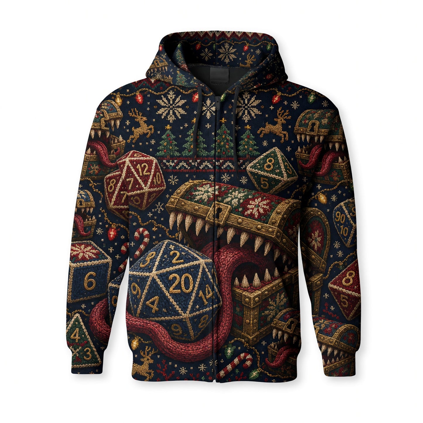 Mimic Christmas Dice AOP T-Shirt - Holiday RPG Knit Sweater