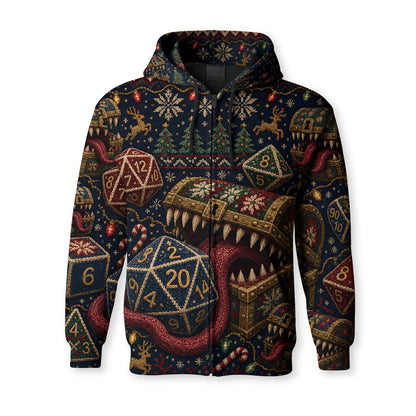 Mimic Christmas Dice AOP T-Shirt - Holiday RPG Knit Sweater