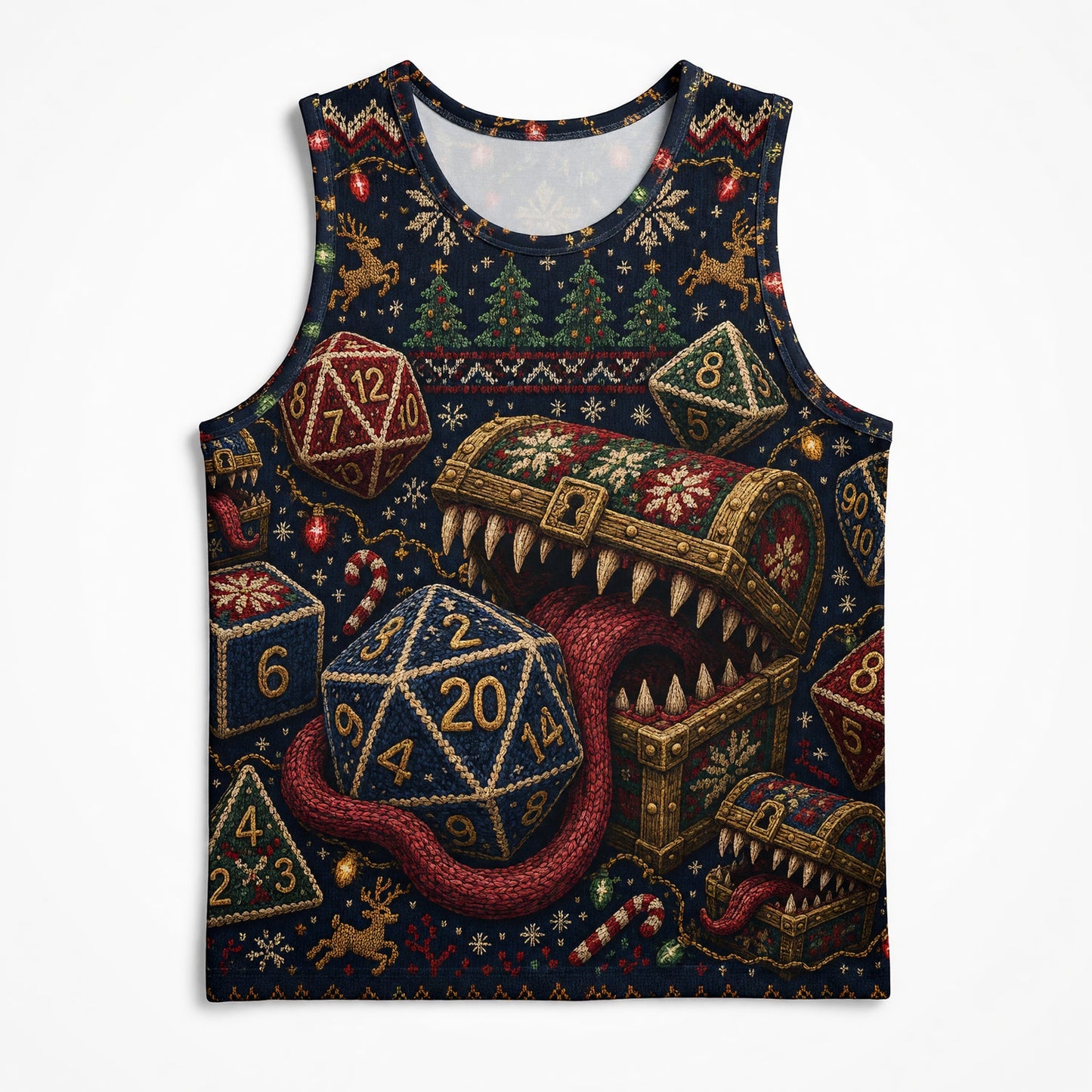 Mimic Christmas Dice AOP T-Shirt - Holiday RPG Knit Sweater