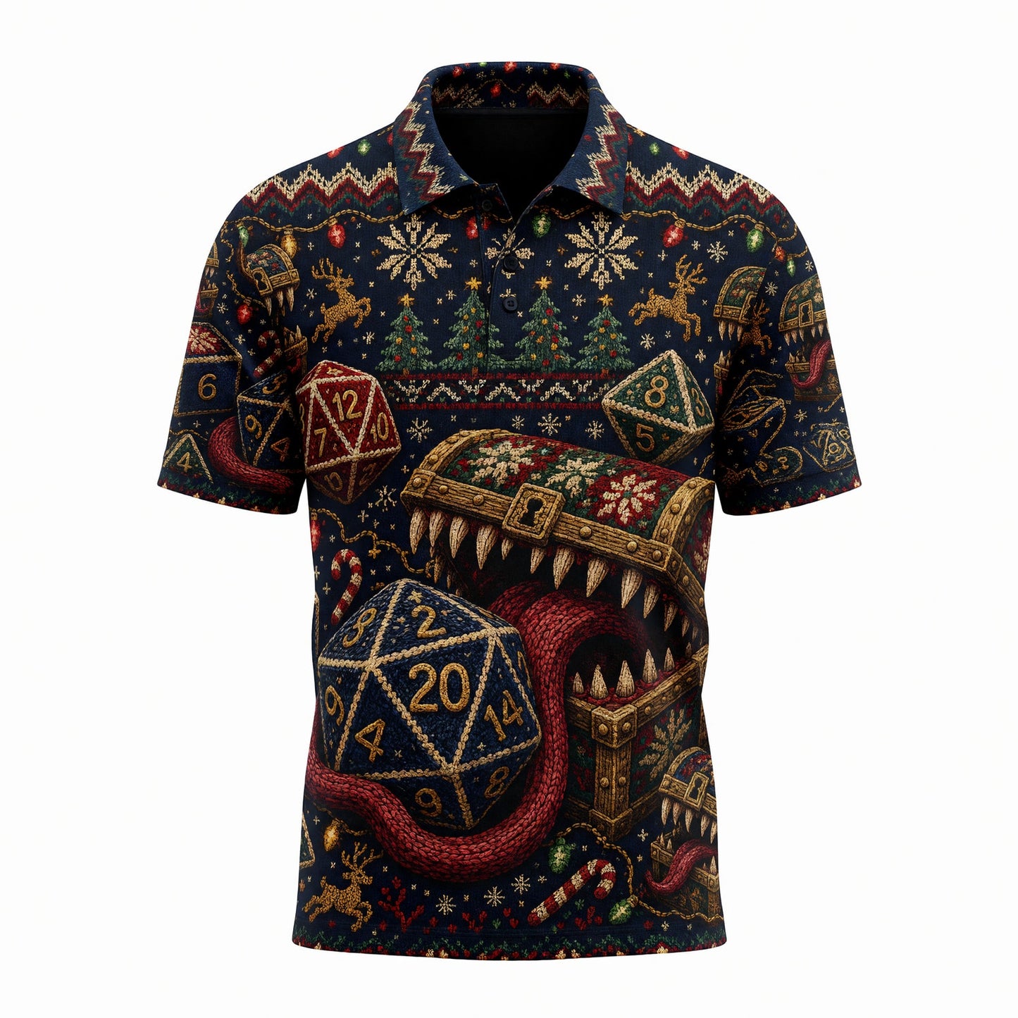 Mimic Christmas Dice AOP T-Shirt - Holiday RPG Knit Sweater