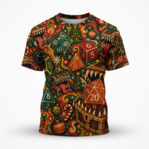 Mimic Dice Christmas AOP T-Shirt - Holiday RPG Fantasy Streetwear