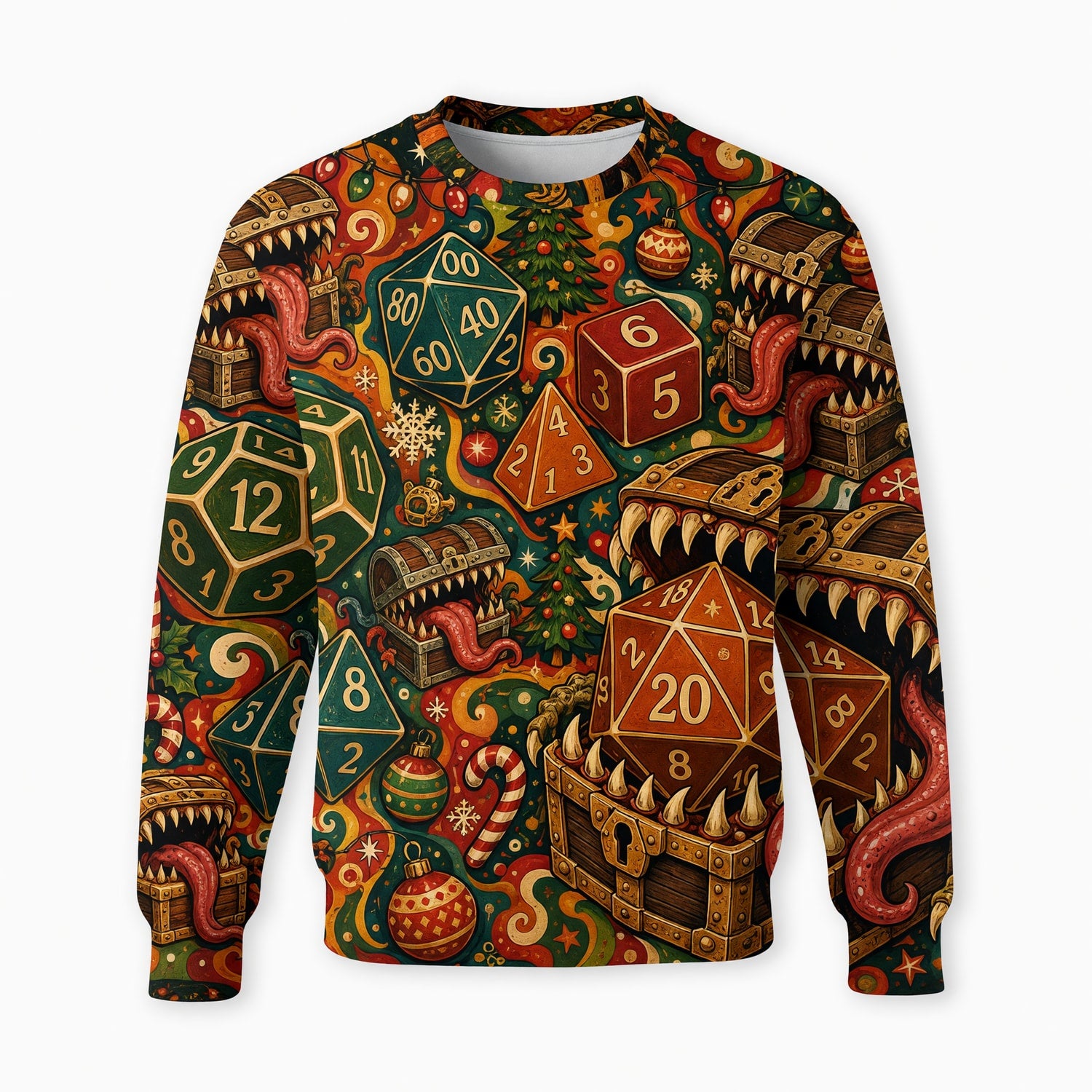 Mimic Dice Christmas AOP T-Shirt - Holiday RPG Fantasy Streetwear