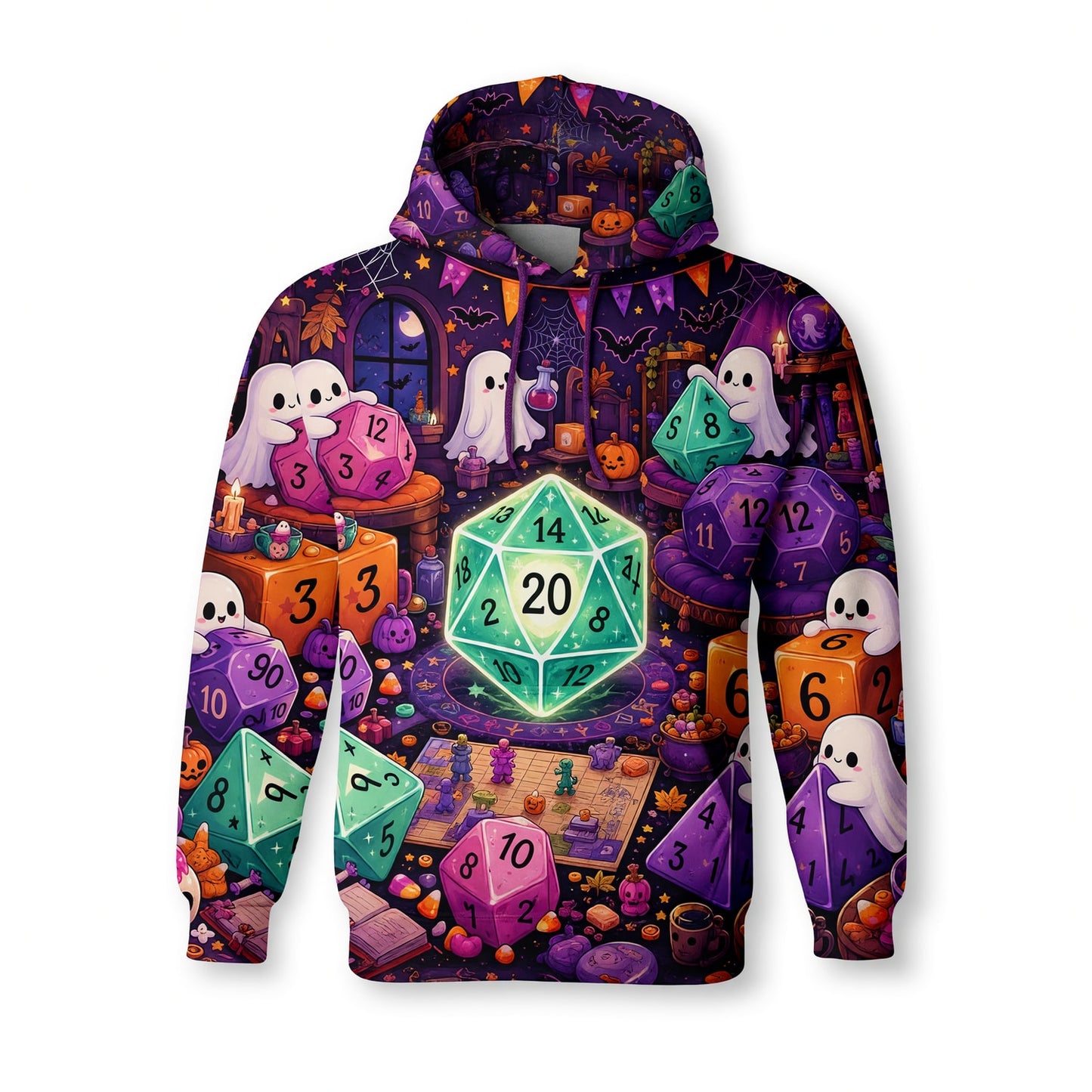 Halloween Ghost Dice AOP T-Shirt - Spooky RPG Gaming Apparel