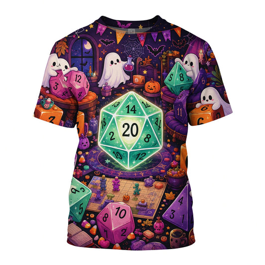 Halloween Ghost Dice AOP T-Shirt - Spooky RPG Gaming Apparel