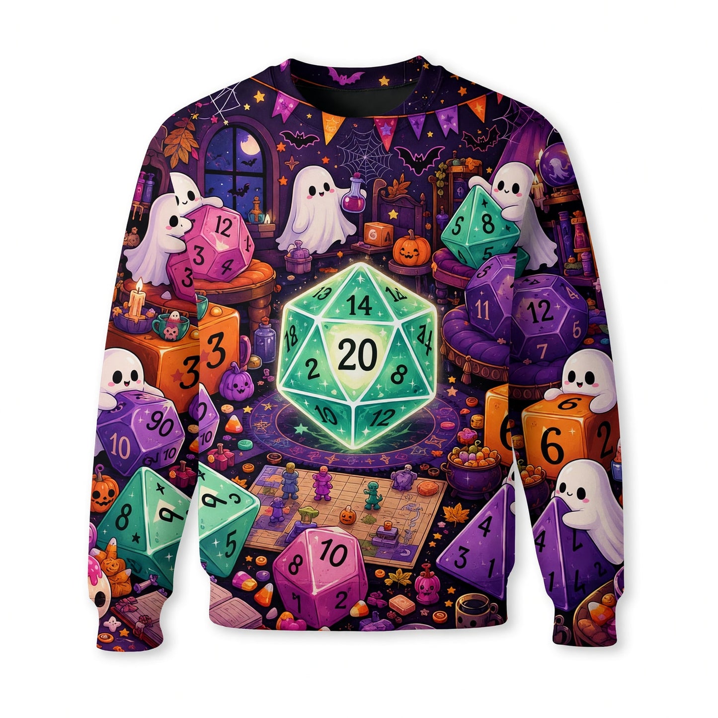 Halloween Ghost Dice AOP T-Shirt - Spooky RPG Gaming Apparel