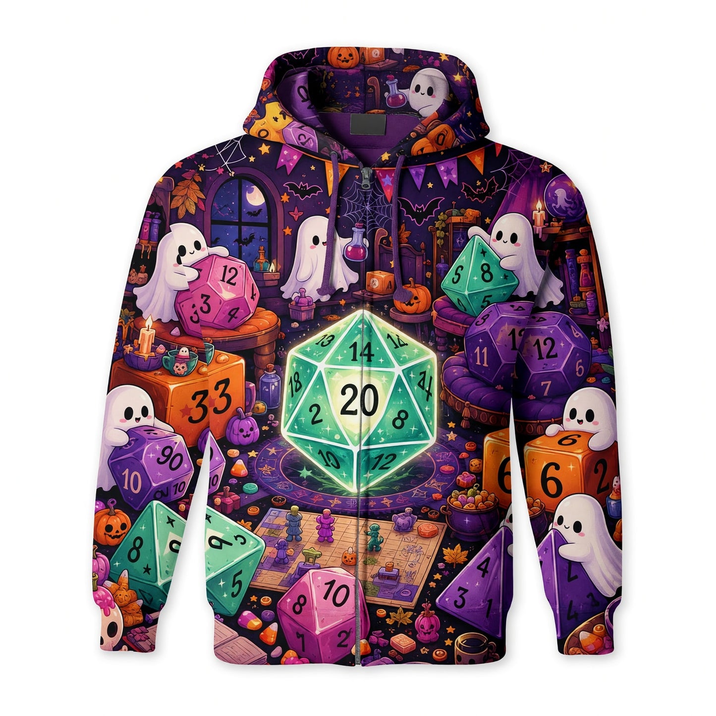 Halloween Ghost Dice AOP T-Shirt - Spooky RPG Gaming Apparel