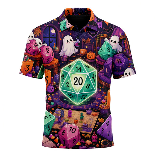 Halloween Ghost Dice AOP T-Shirt - Spooky RPG Gaming Apparel