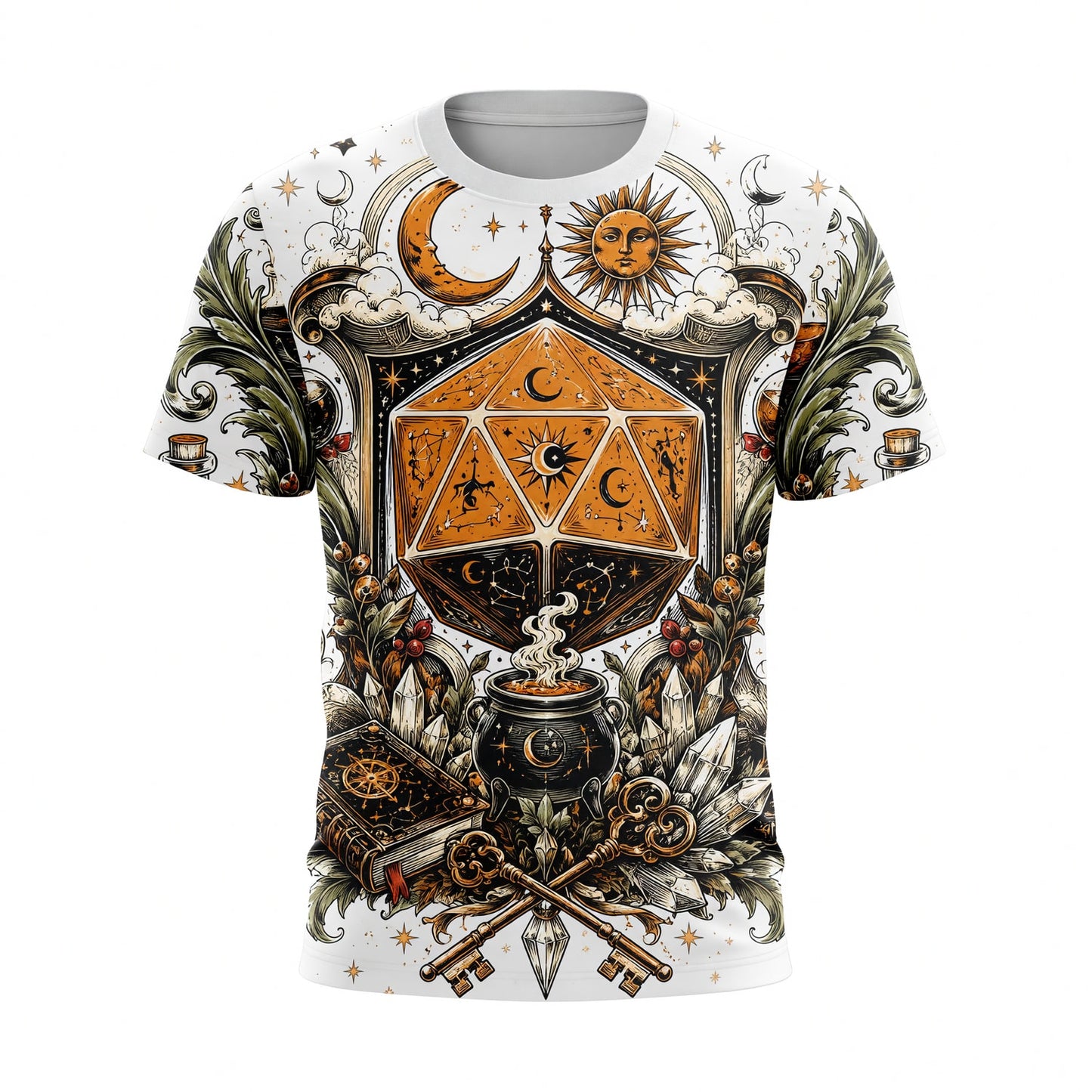 Mystic D20 Dice AOP T-Shirt - Celestial Fantasy RPG Streetwear