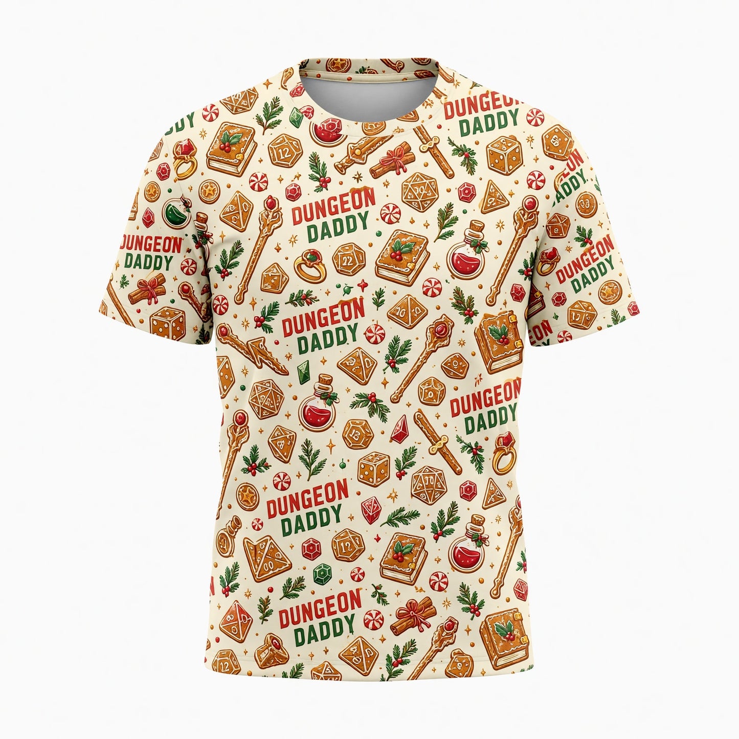 Dungeon Daddy Christmas AOP T-Shirt - Holiday Pattern