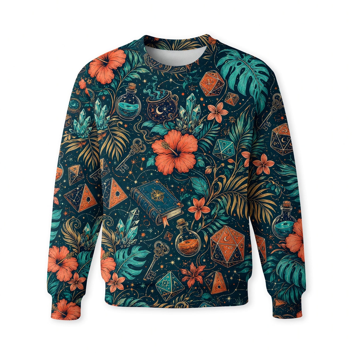 Celestial Dice AOP Apparel - Tropical Mystic RPG Pattern