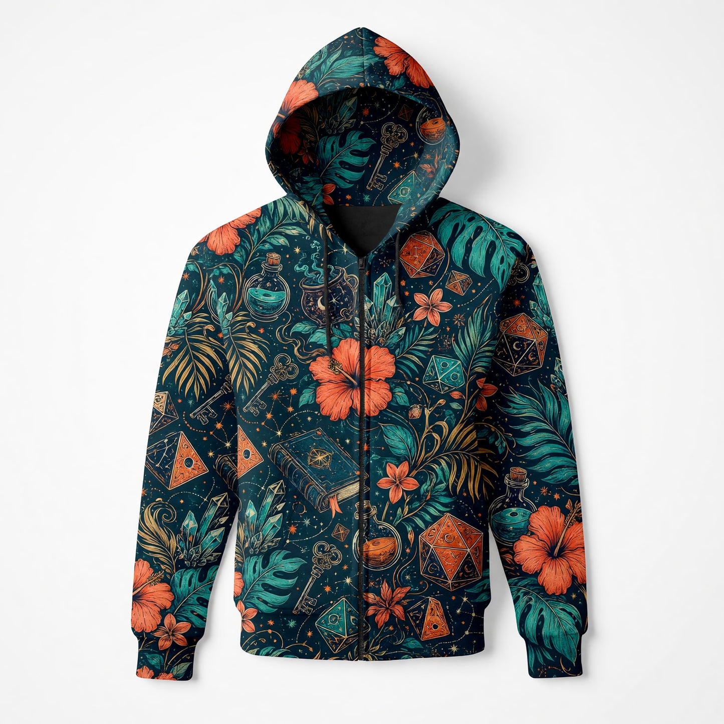 Celestial Dice AOP Apparel - Tropical Mystic RPG Pattern