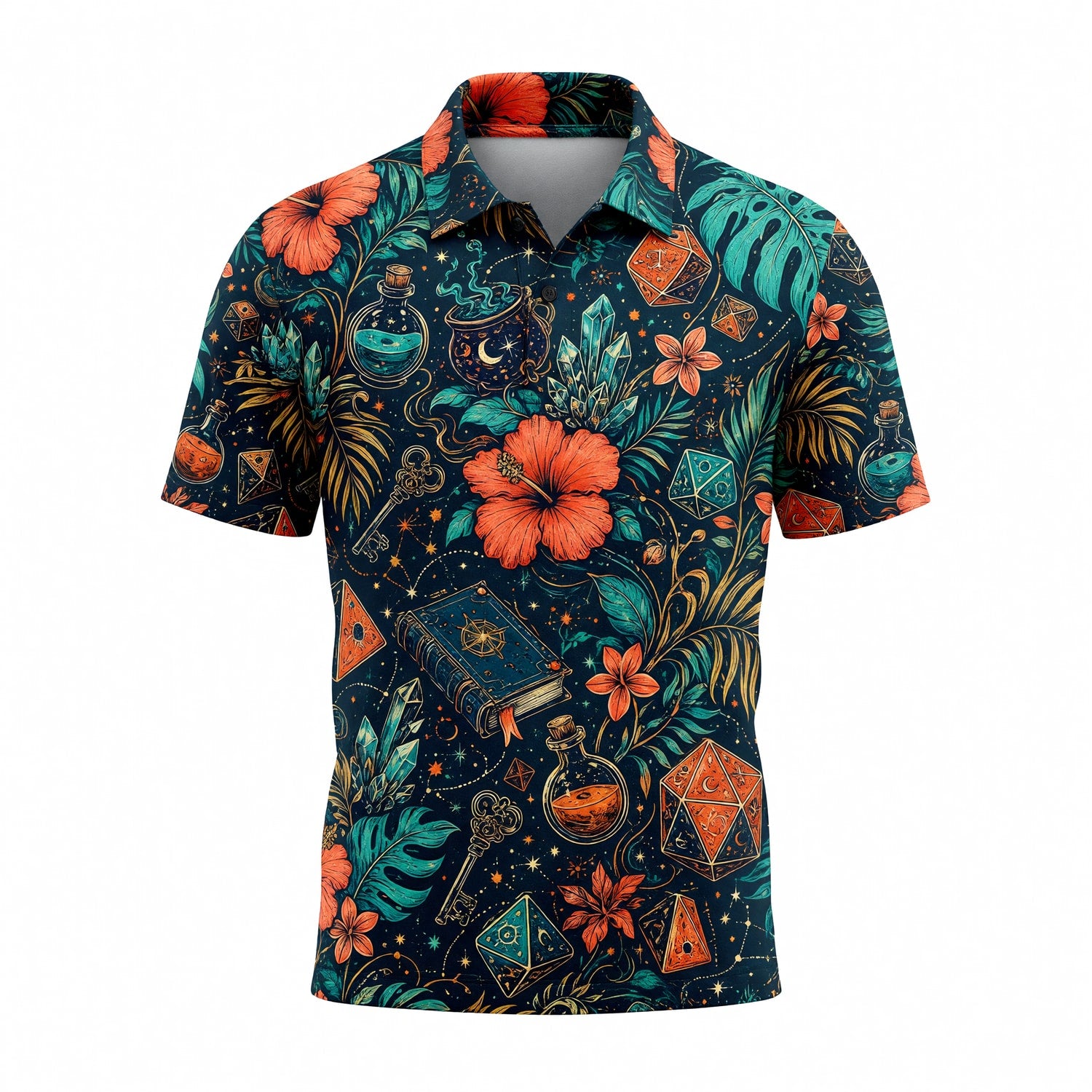 Celestial Dice AOP Apparel - Tropical Mystic RPG Pattern