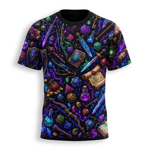 Neon Fantasy Loot AOP T-Shirt - Magical RPG Streetwear