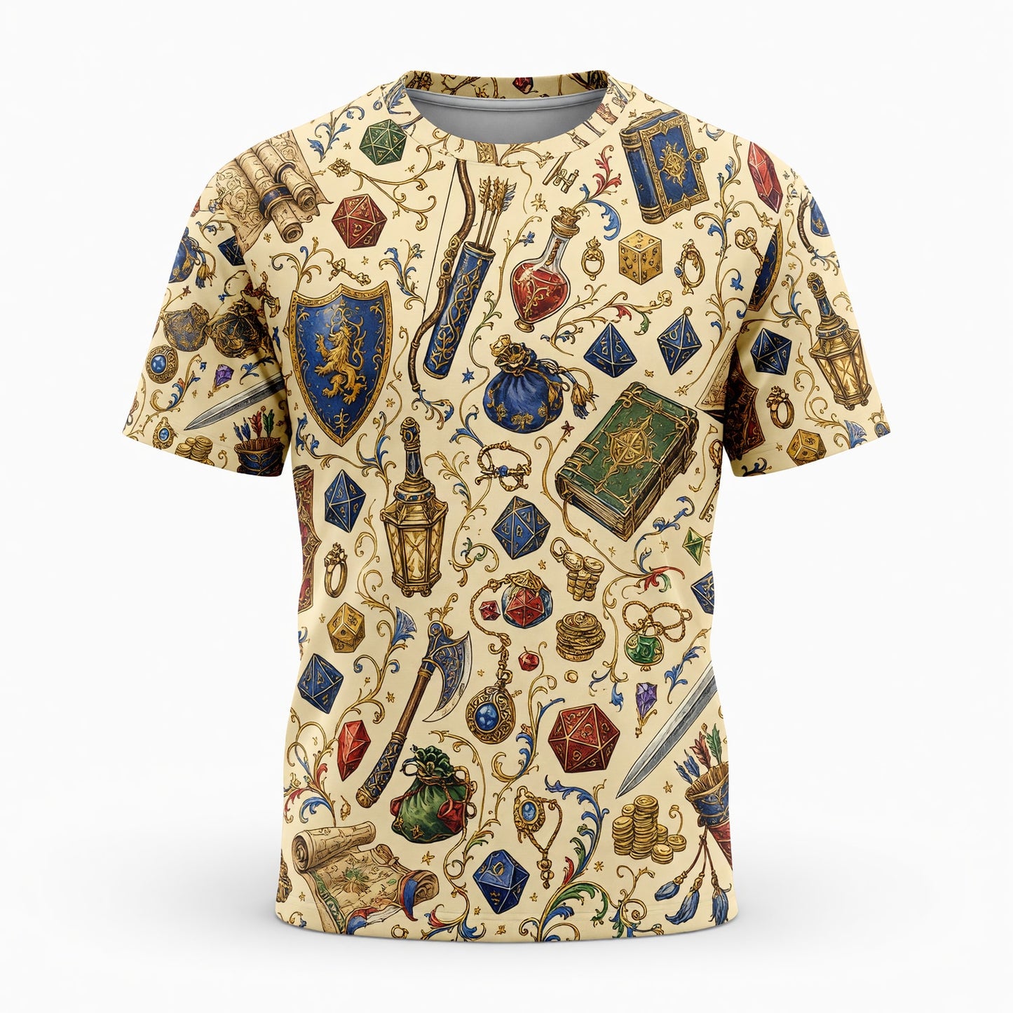 Fantasy Dungeon AOP Apparel - Fantasy Dice and Loot Pattern