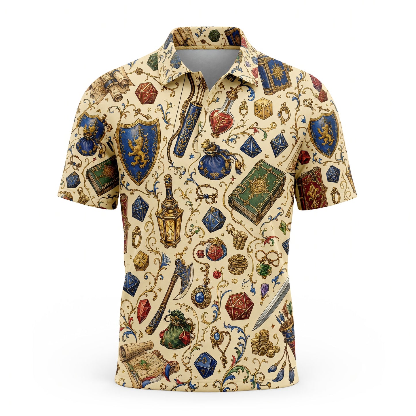 Fantasy Dungeon AOP Apparel - Fantasy Dice and Loot Pattern