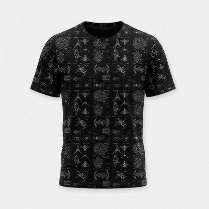 Galactic Ship Blueprints AOP T-Shirt - Sci-Fi Blueprint Pattern