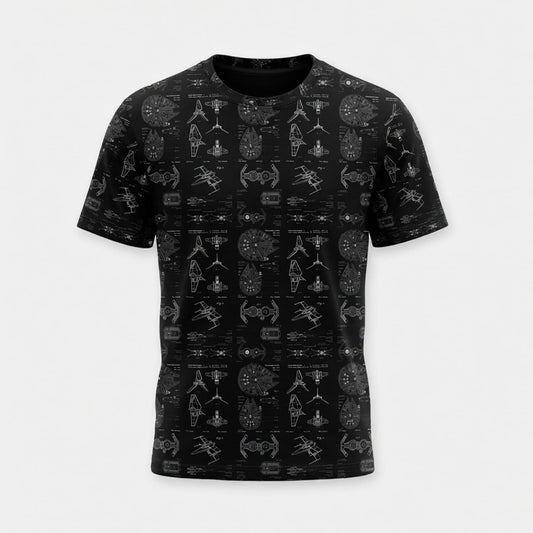 Galactic Ship Blueprints AOP T-Shirt - Sci-Fi Blueprint Pattern