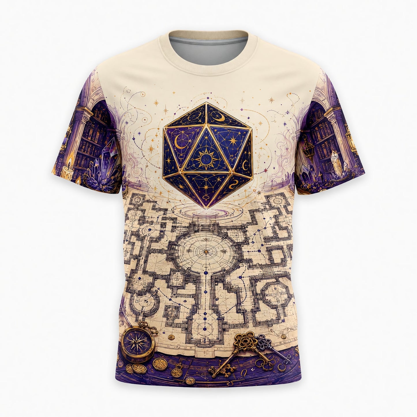 Celestial D20 AOP T-Shirt - Fantasy Wizard Library Map