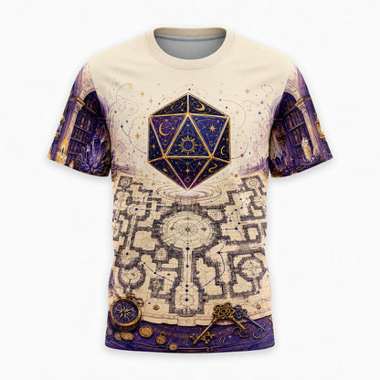 Celestial D20 AOP T-Shirt - Fantasy Wizard Library Map
