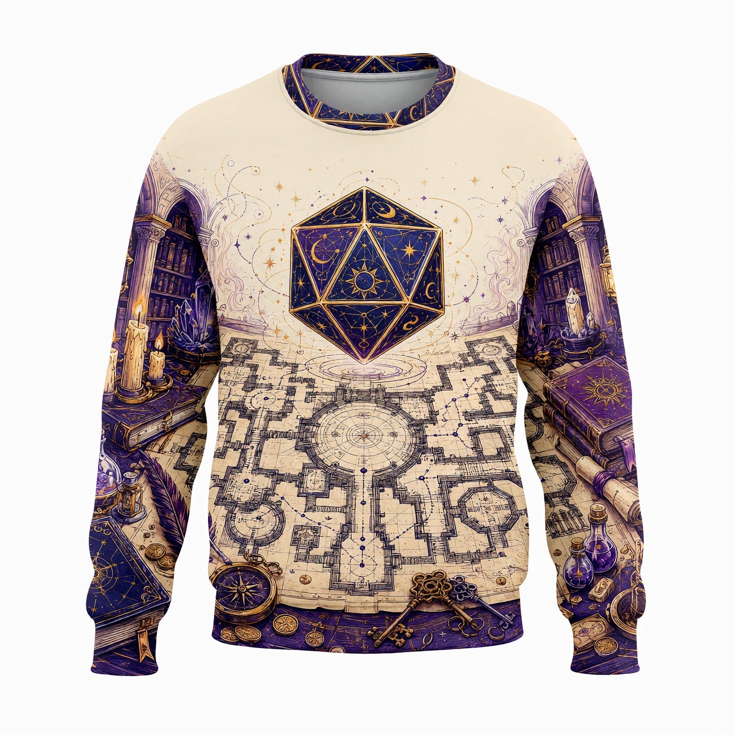 Celestial D20 AOP T-Shirt - Fantasy Wizard Library Map