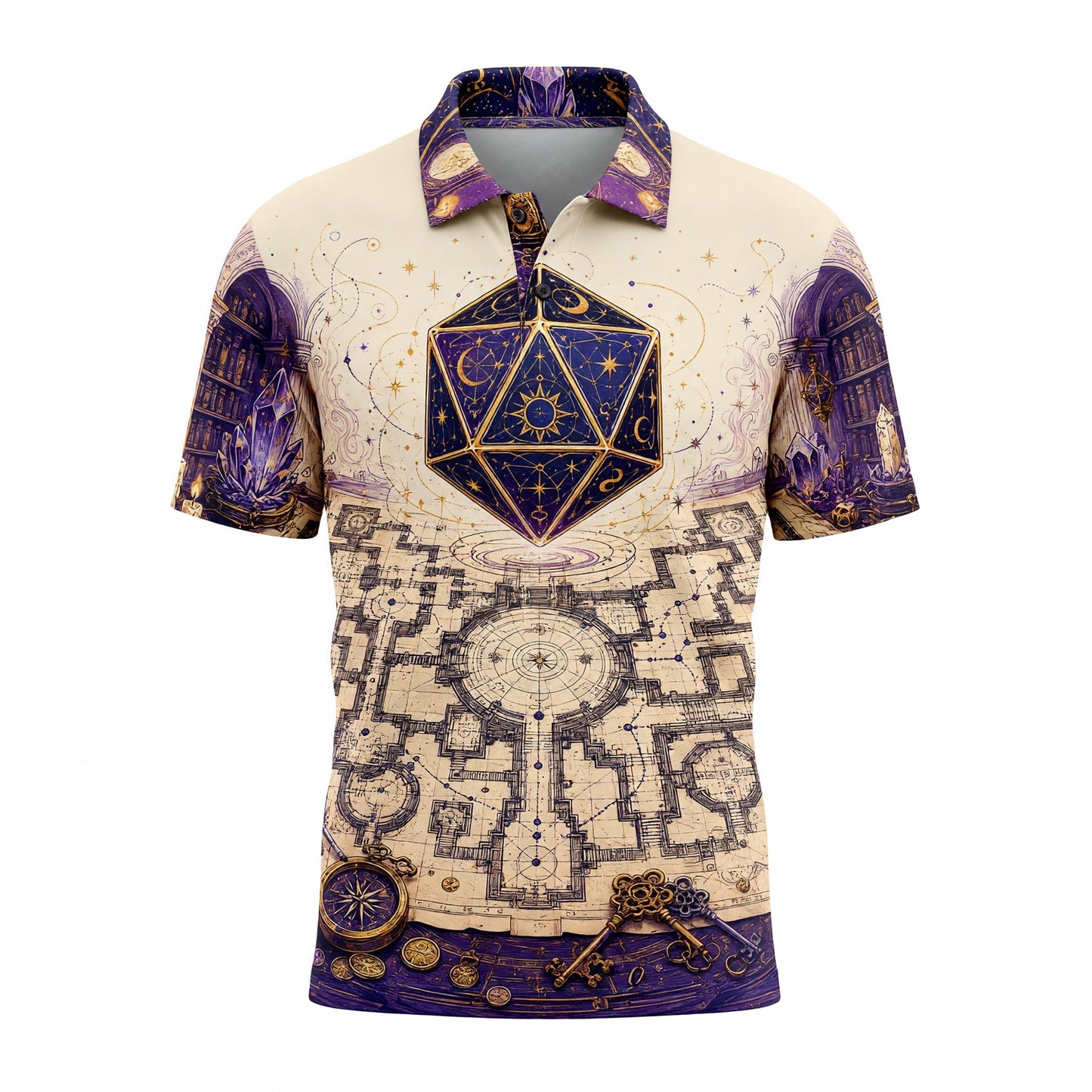 Celestial D20 AOP T-Shirt - Fantasy Wizard Library Map