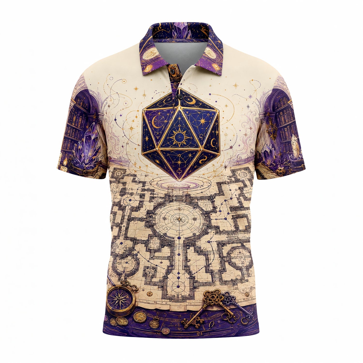 Celestial D20 AOP T-Shirt - Fantasy Wizard Library Map