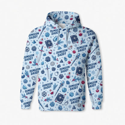 Dungeon Daddy Christmas AOP T-Shirt - Holiday Dice Pattern Apparel