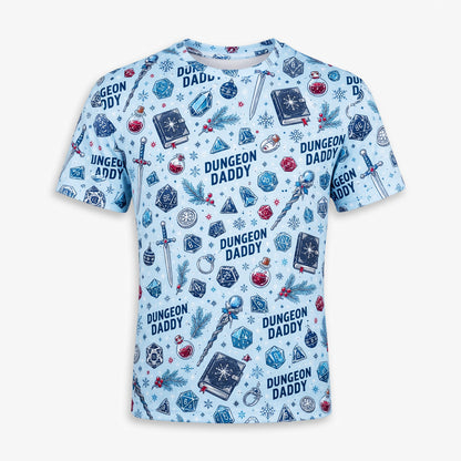 Dungeon Daddy Christmas AOP T-Shirt - Holiday Dice Pattern Apparel