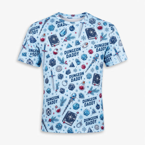 Dungeon Daddy Christmas AOP T-Shirt - Holiday Dice Pattern Apparel