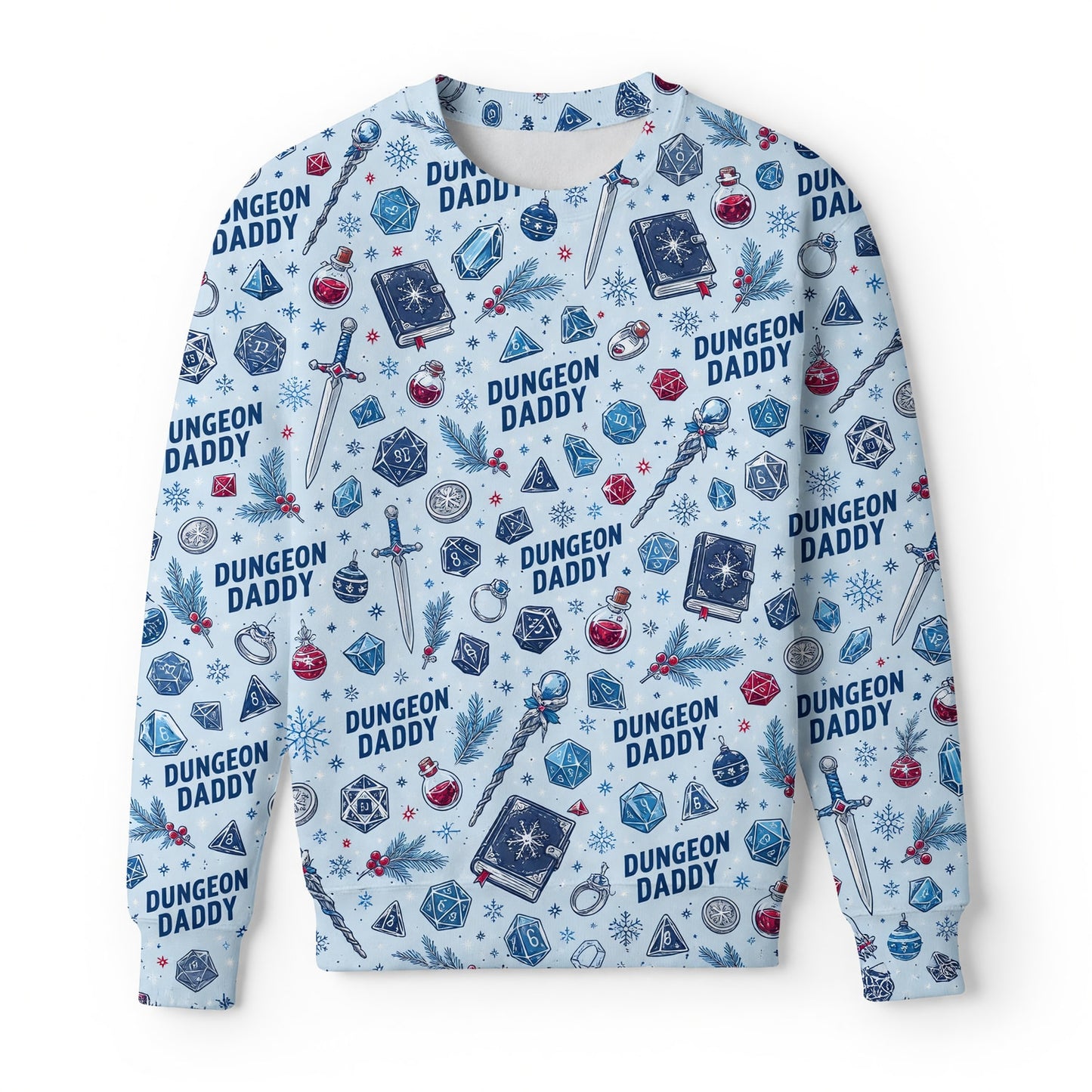 Dungeon Daddy Christmas AOP T-Shirt - Holiday Dice Pattern Apparel