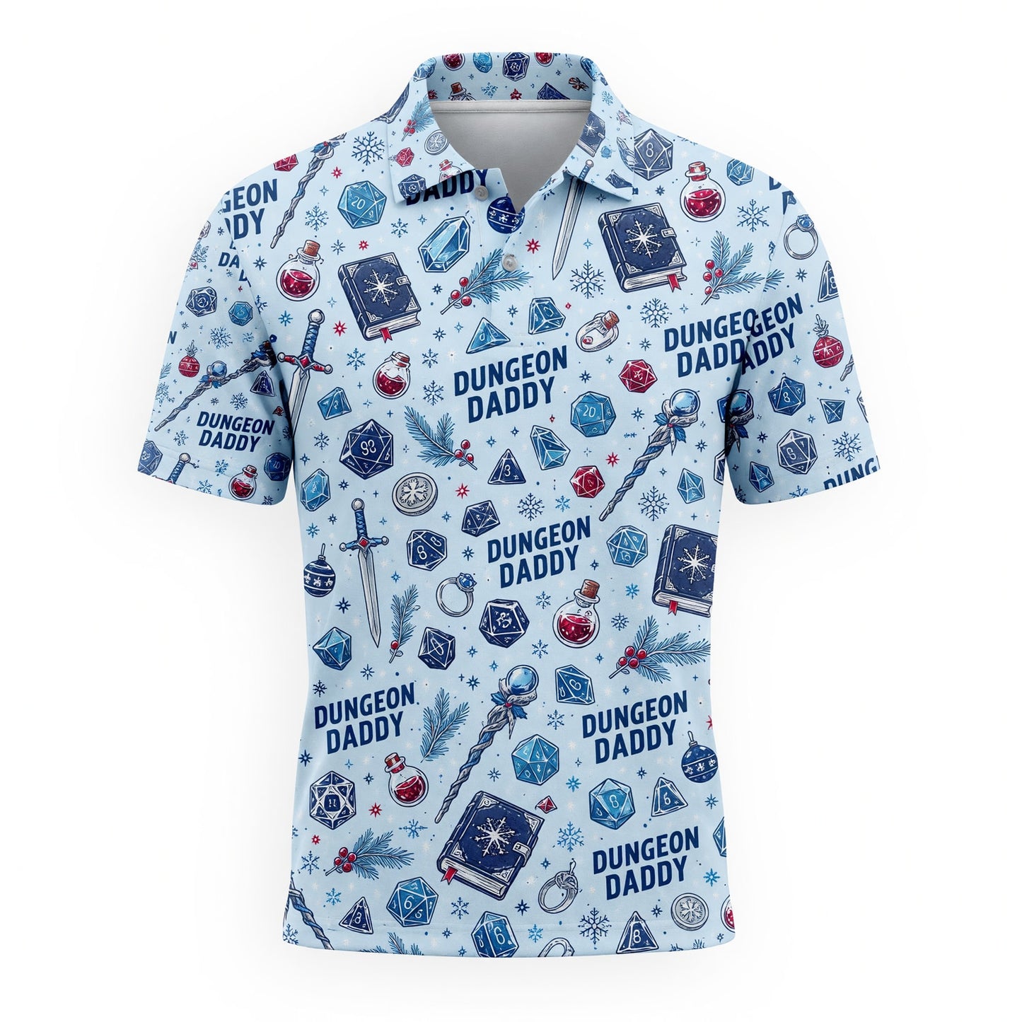 Dungeon Daddy Christmas AOP T-Shirt - Holiday Dice Pattern Apparel