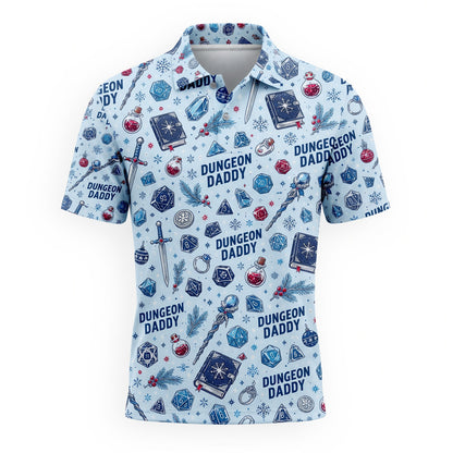 Dungeon Daddy Christmas AOP T-Shirt - Holiday Dice Pattern Apparel