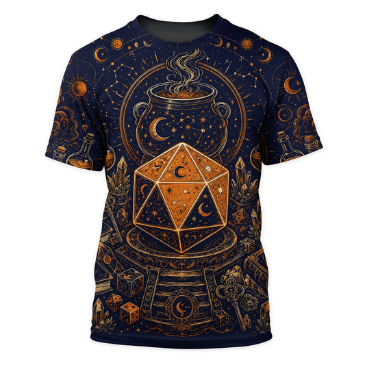 Celestial D20 AOP T-Shirt - Mystic Witchcraft Occult Dice Design