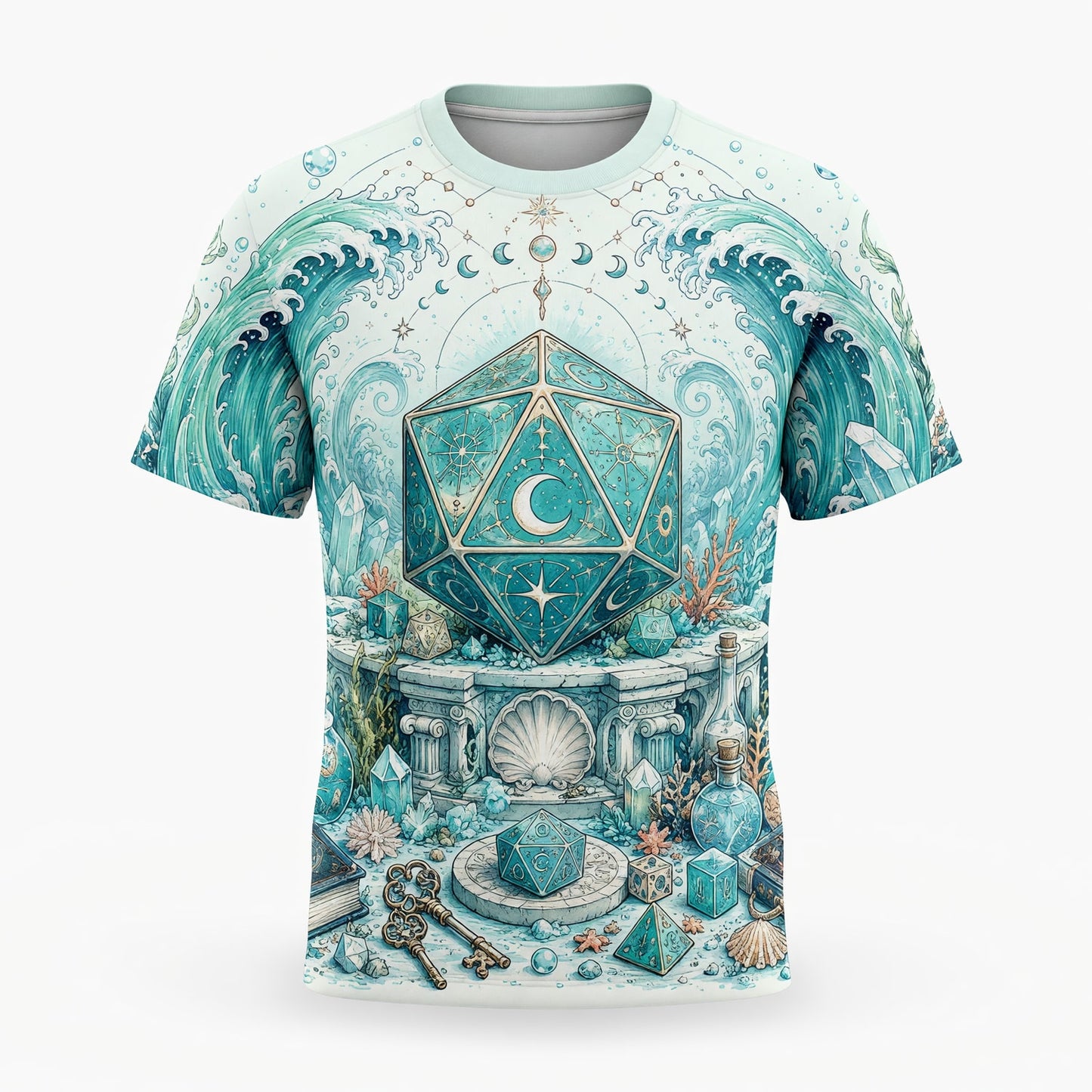Mystic Ocean D20 Dice AOP T-Shirt - Fantasy RPG Celestial Waves