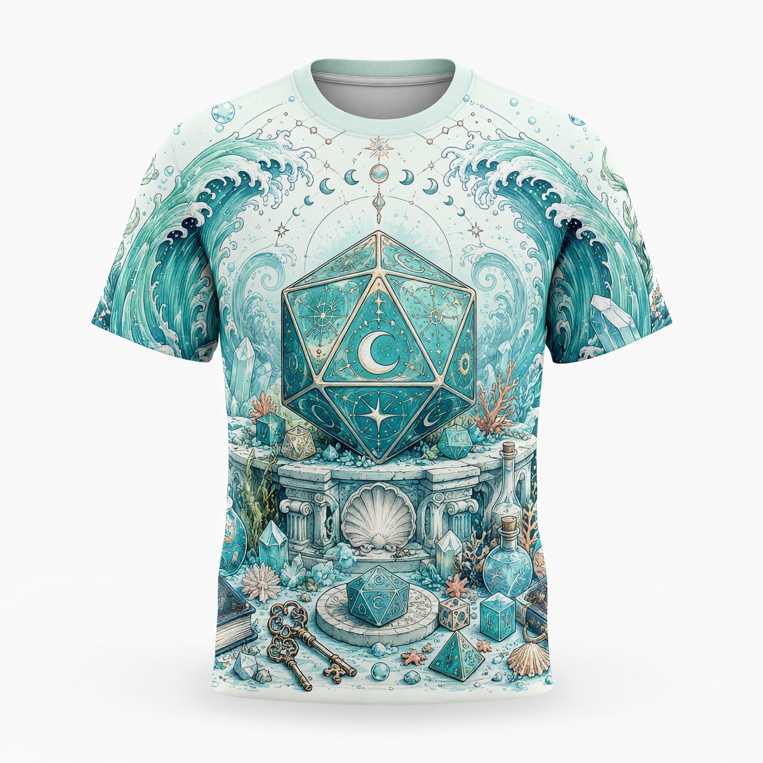 Mystic Ocean D20 Dice AOP T-Shirt - Fantasy RPG Celestial Waves