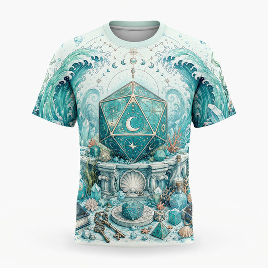Mystic Ocean D20 Dice AOP T-Shirt - Fantasy RPG Celestial Waves
