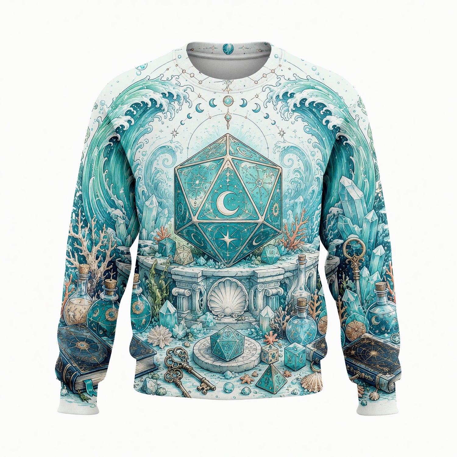 Mystic Ocean D20 Dice AOP T-Shirt - Fantasy RPG Celestial Waves