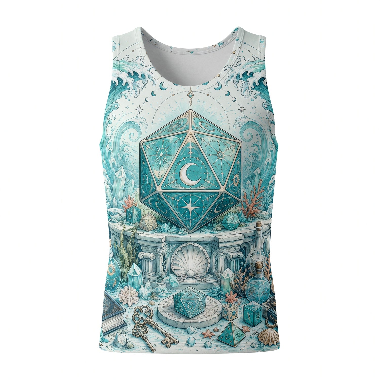 Mystic Ocean D20 Dice AOP T-Shirt - Fantasy RPG Celestial Waves