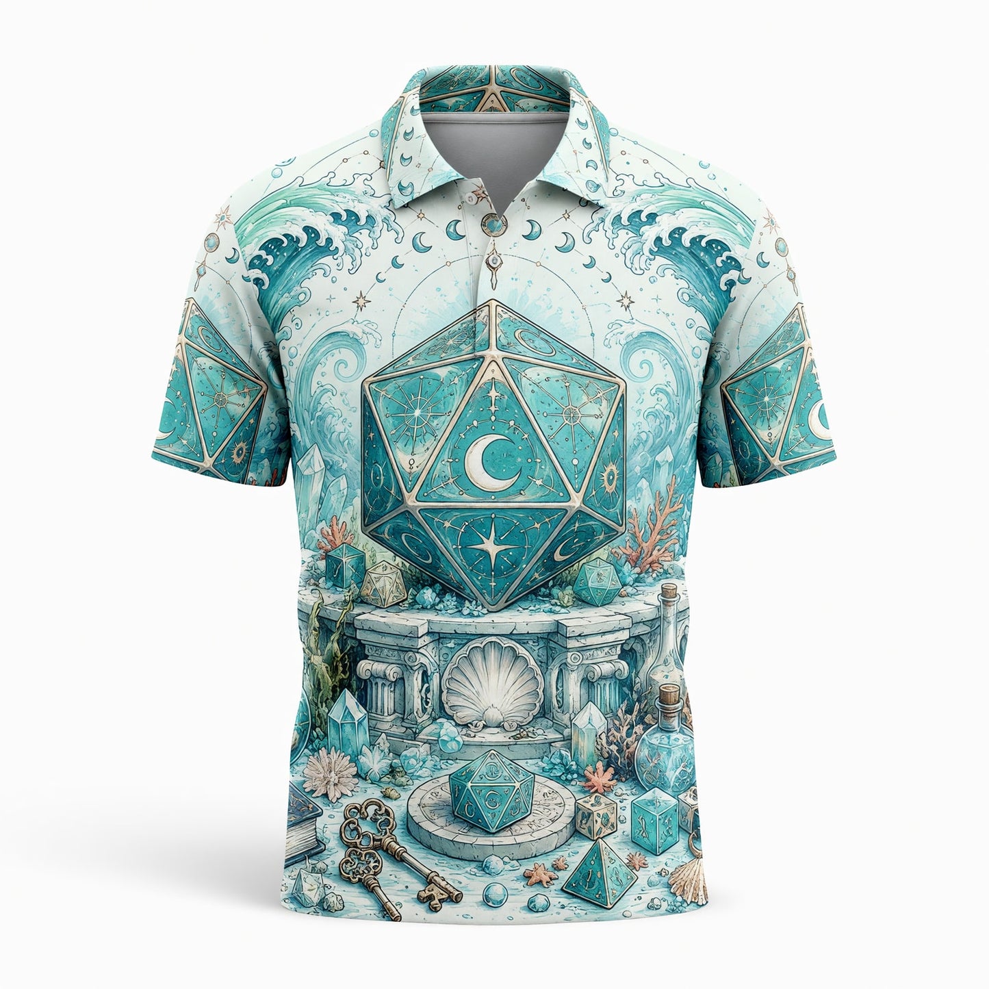 Mystic Ocean D20 Dice AOP T-Shirt - Fantasy RPG Celestial Waves