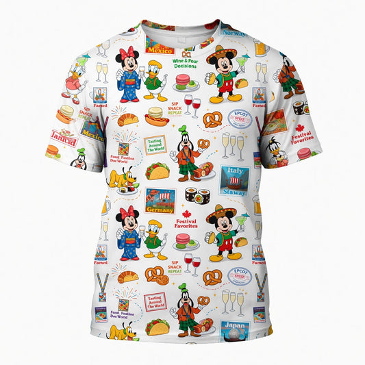 World Park Food & Wine AOP T-Shirt - Theme Park Showcase Festival Pattern