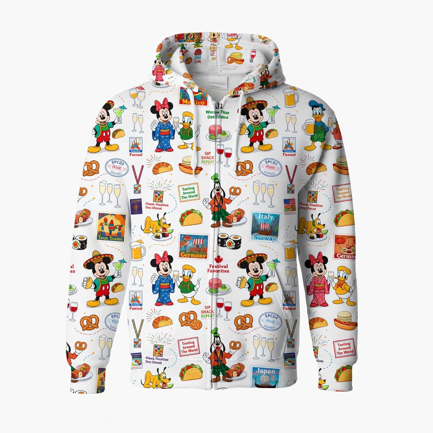World Park Food & Wine AOP T-Shirt - Theme Park Showcase Festival Pattern