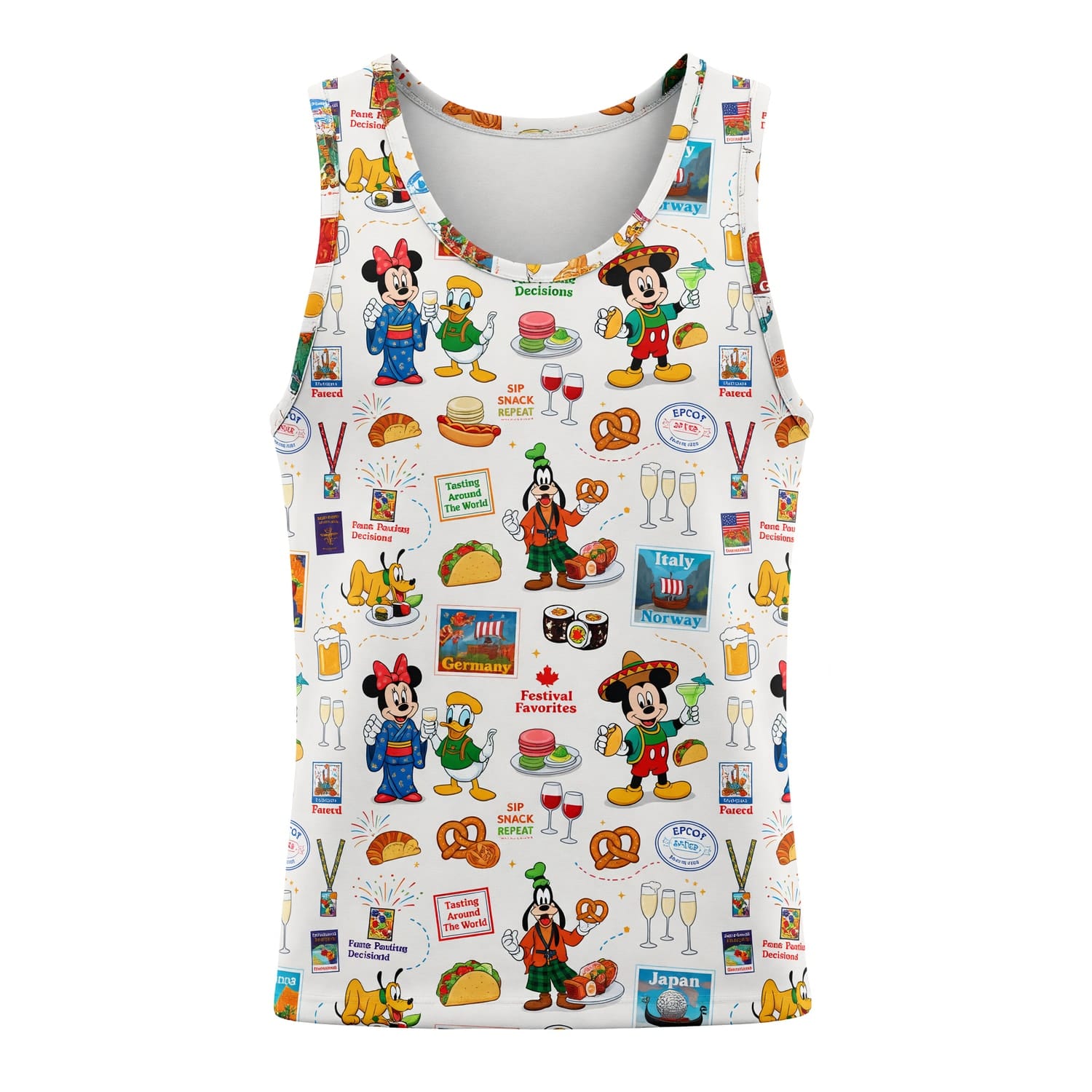 World Park Food & Wine AOP T-Shirt - Theme Park Showcase Festival Pattern