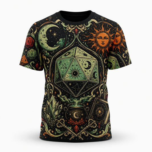 Celestial D20 Dice AOP T-Shirt - Mystic Fantasy RPG Apparel