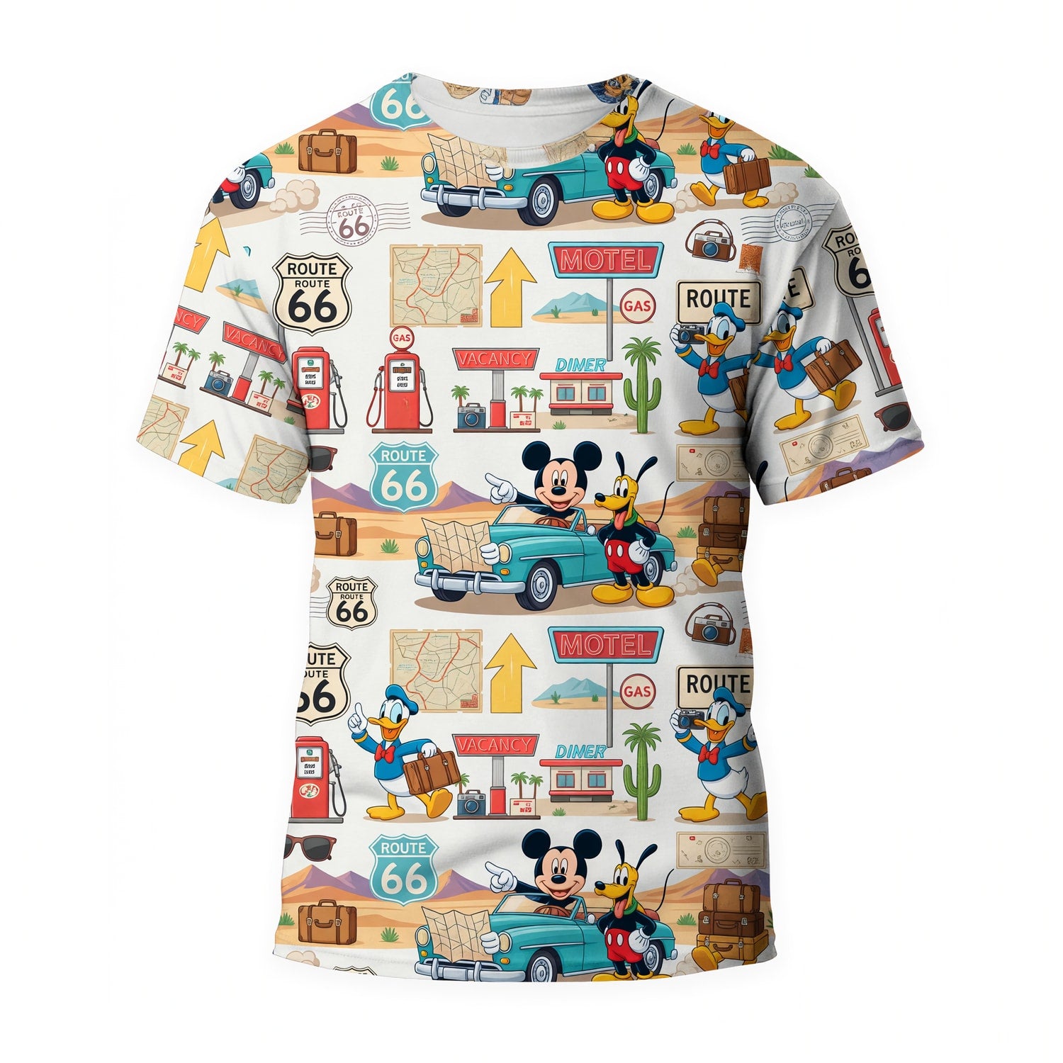 Route 66 AOP T-Shirt - Mouse Vintage Road Trip Pattern