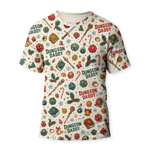 Dungeon Daddy Christmas AOP T-Shirt - Holiday Gamer Pattern